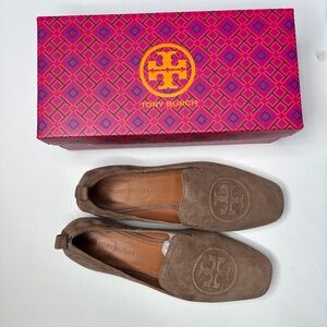 Tory Burch Leigh Suede Loafer Shoes Womens 8 Brown Logo